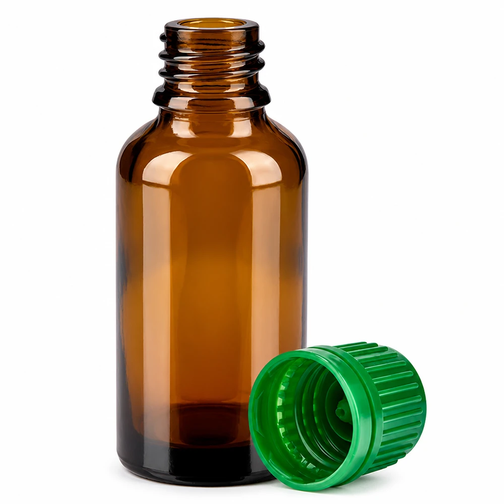 Botella 30ml tapón rosca 11mm verde cierre inviolable BrownLine UT18/30 Pequeño frasco de 30 ml de vidrio ámbar con protección UV y tapón verde para un almacenamiento seguro