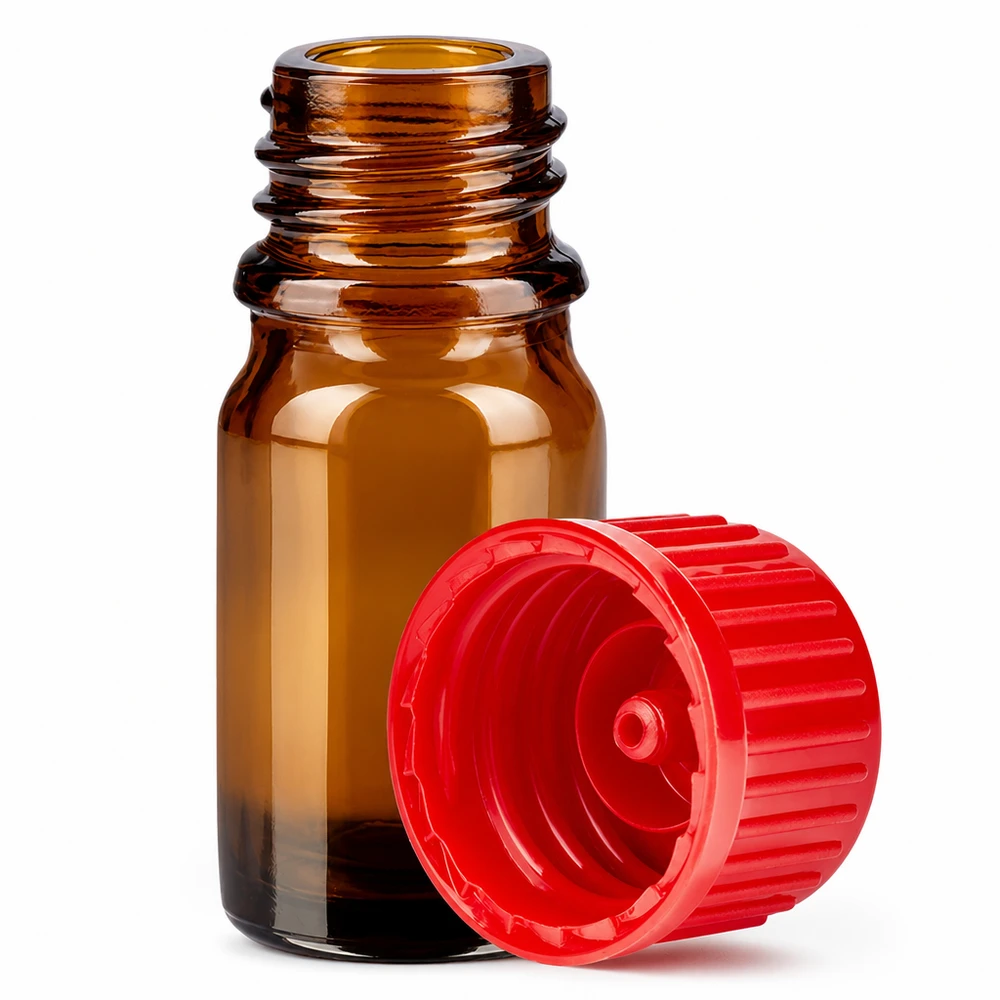 Frasco de cristal ámbar de 5 ml con tapón rojo para dosificar líquidos con precisión