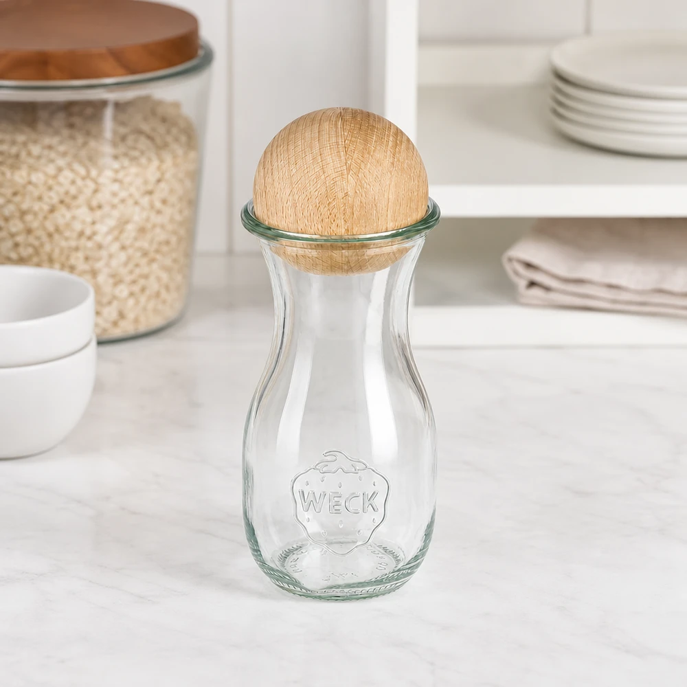 Botella para zumo de 290 ml WECK RR60 con bola de madera de haya Botella de cristal WECK 290ml RR60 con bola de madera de haya en cocina blanca junto a tarros de almacenaje y pila de vajilla
