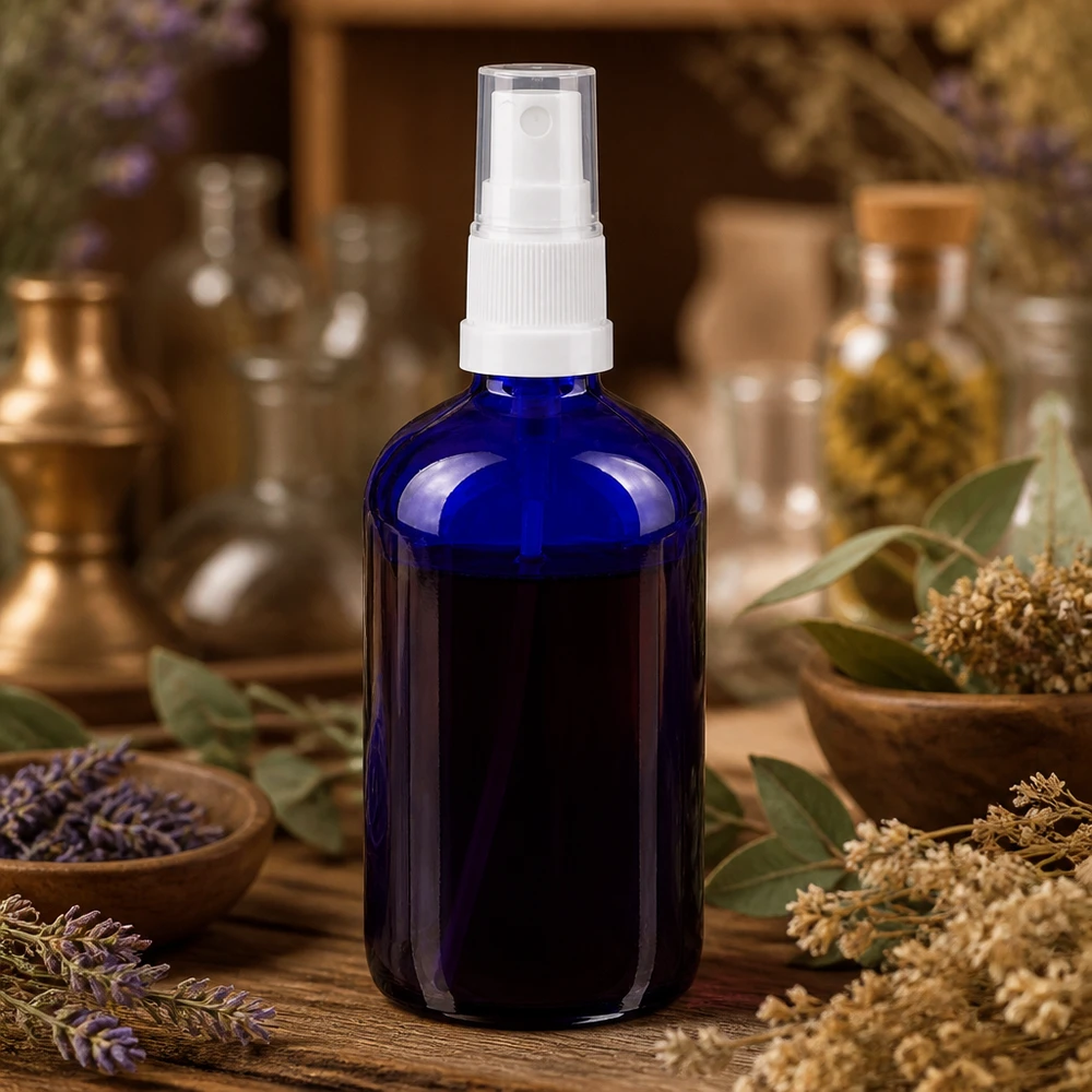 Frasco de farmacia azul de 100 ml con protección UV, de cristal y con dosificador blanco, para aceites esenciales