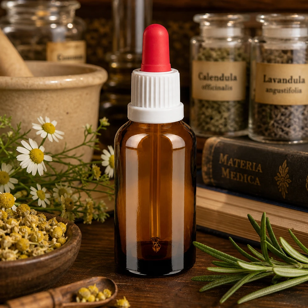 Frasco pipeta compacto de 30 ml serie BrownLine con tapón blanco y punta roja para cosmética natural