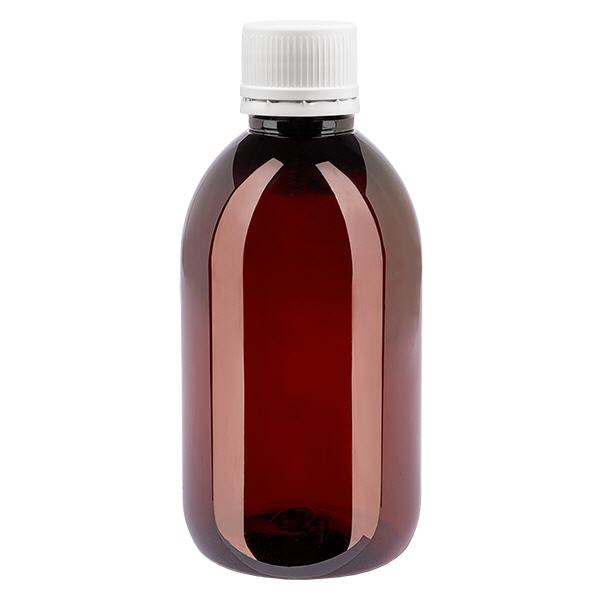 Botella PET 250ml con tapón de seguridad blanco, estriado fino Botella PET 250ml con tapón de seguridad blanco, estriado fino