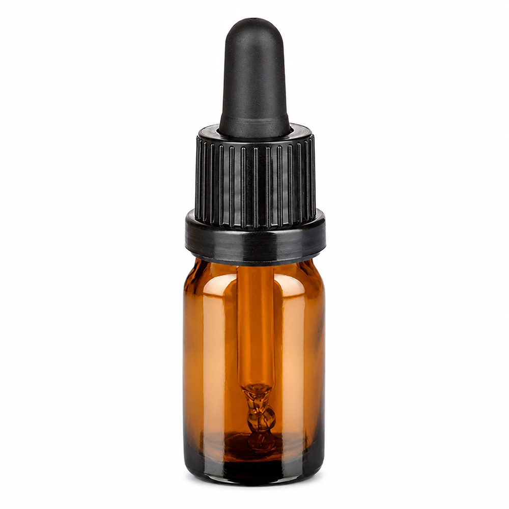 Frasco pipeta de 5 ml marrón con pipeta negra para dosificar líquidos con precisión
