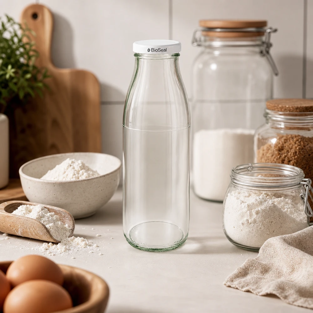 Frasco de vidrio de 500ml + tapa BioSeal blanca UNiTWIST 500ml Glasflasche mit weißem BioSeal Deckel in skandinavischer Küche zwischen Mehl, Eiern und Vorratsgläsern