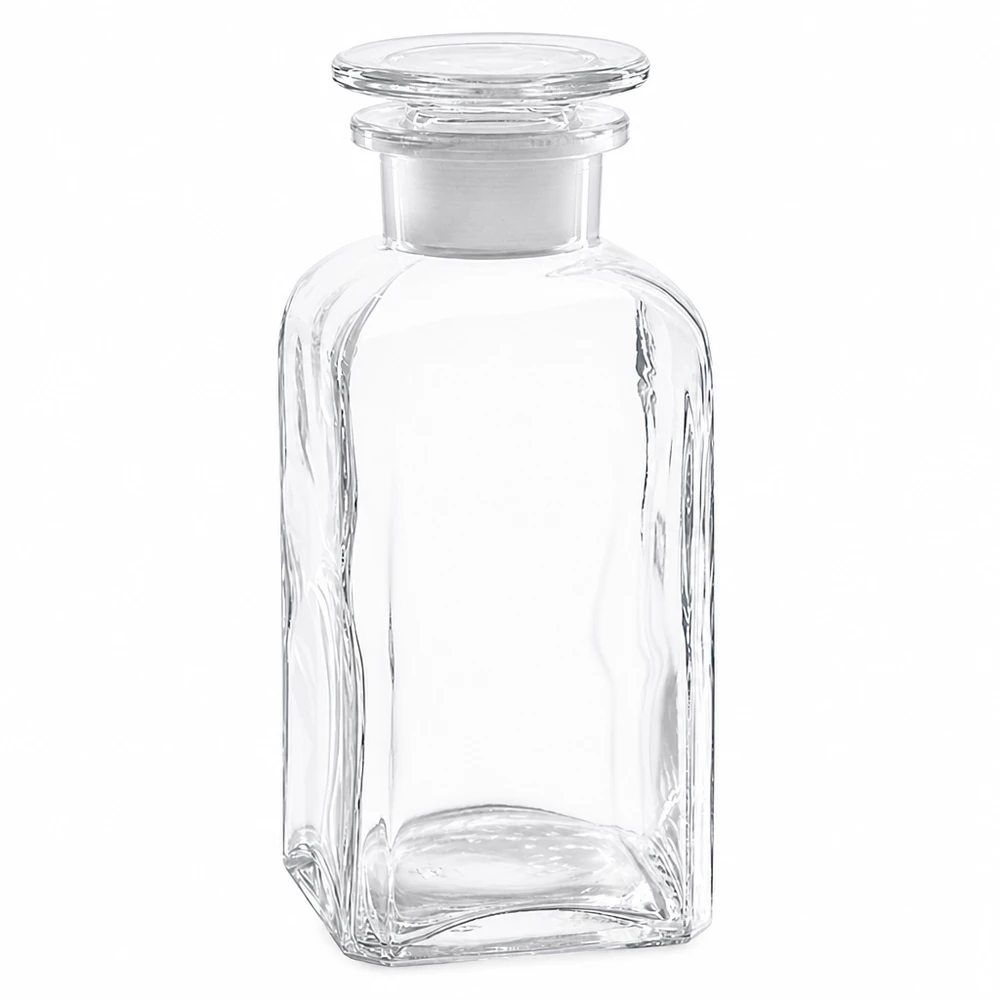 Botella cuadrada de 350 ml, transparente, con tapón de cristal y cuello ancho, fabricada en cristal transparente de alta calidad
