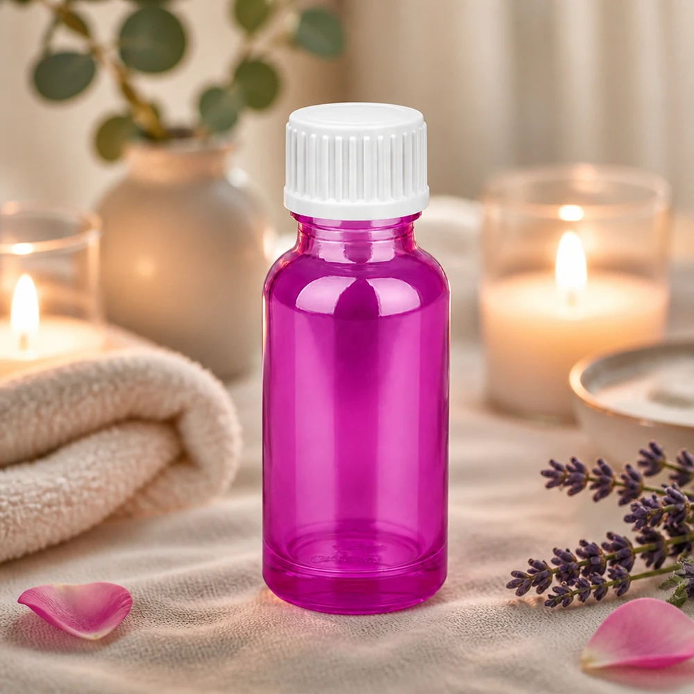 Frasco de 20 ml (glóbulo) Anillo vertedor de 3 mm blanco estándar PurpleLine.UT18/20 Frasco de vidrio de 20 ml de elegante color púrpura con tapón de rosca a prueba de niños