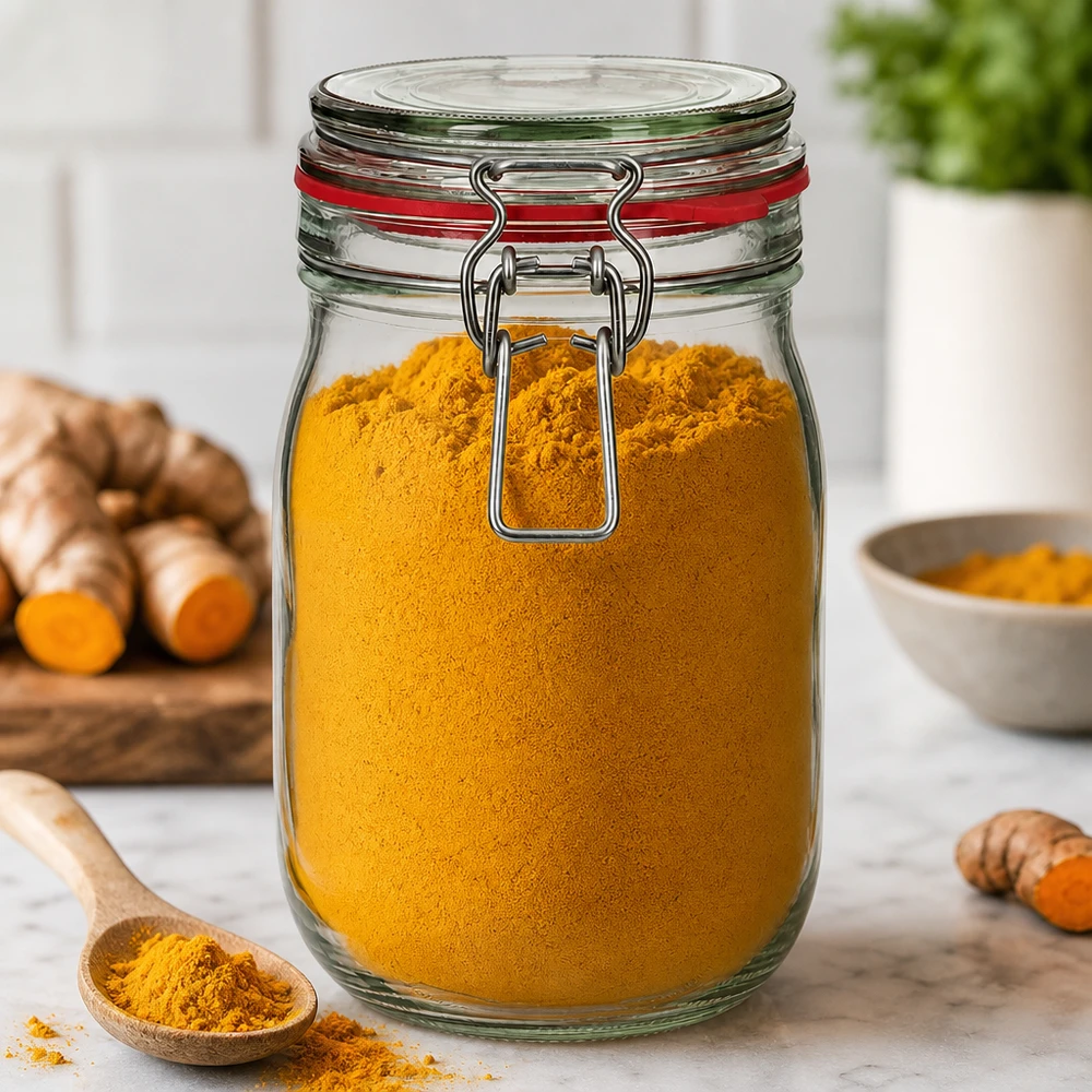 El tarro de 1140 ml lleno de cúrcuma en polvo es ideal para guardar especias