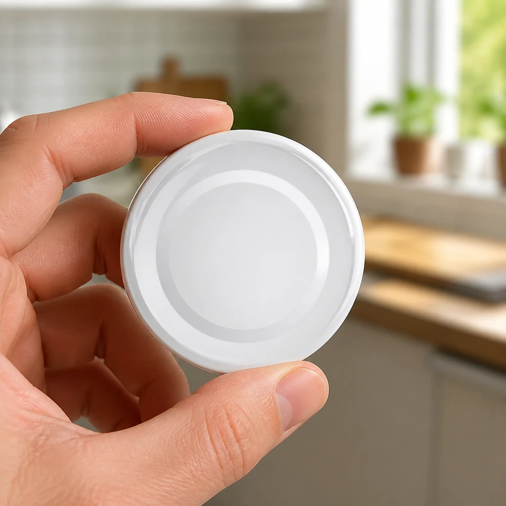 Tapa de rosca blanca TO48 de 48 mm de UNiTWIST, sostenida con una mano