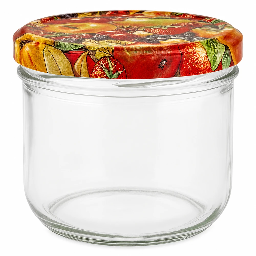 Vasos 260ml + tapa BasicSeal decoración frutas UNiTWIST Tarro de 260 ml con tapa decorada con frutas de colores, tarro de conserva vacío para mermeladas y conservas
