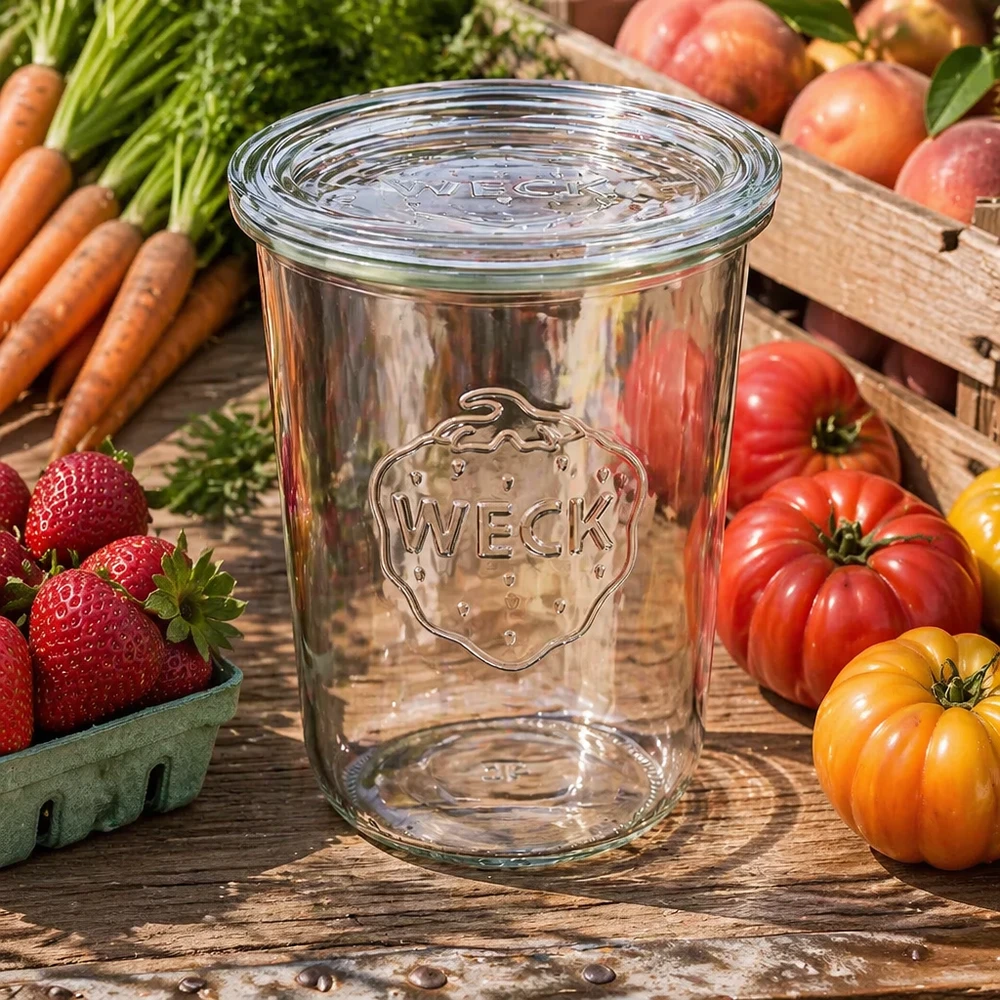 Los vasos WECK de 850 ml RR100 rodeados de fruta y verdura fresca muestran un uso versátil para la preparación y el almacenamiento de comidas.
