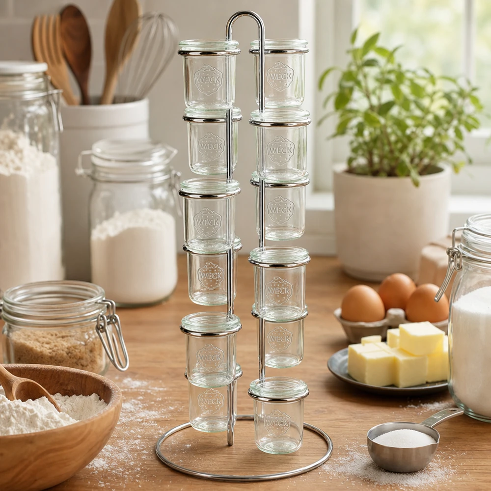 Soporte Vertico12 para 12 vasos WECK Backzutaten-Organisation mit WECK Vertico12 Gestell umgeben von Mehl Eiern Butter in heller Küche zeigt Backvorbereitung