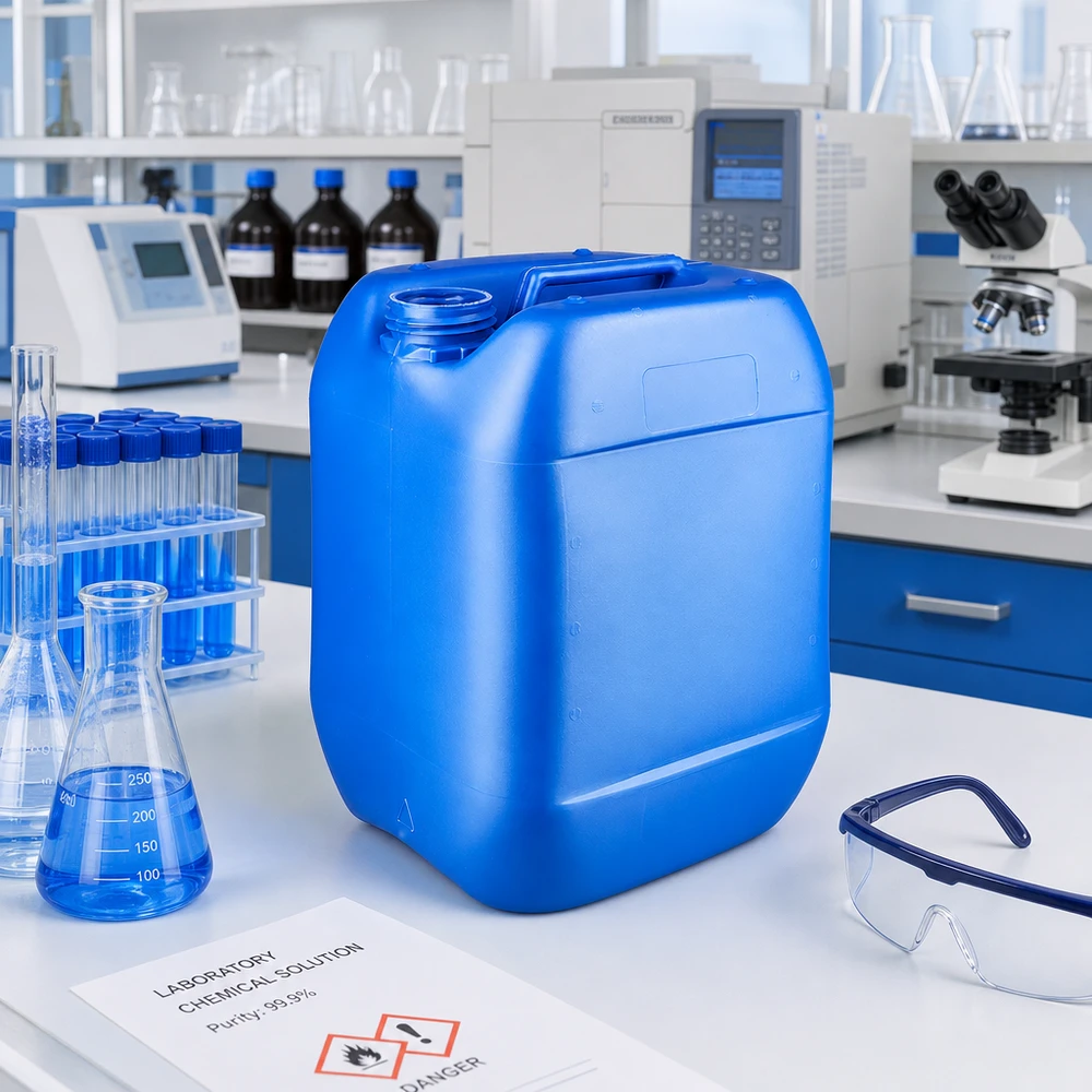 Bidón azul de 10 litros sin tapón sobre una mesa de laboratorio blanca, junto a un matraz de Erlenmeyer