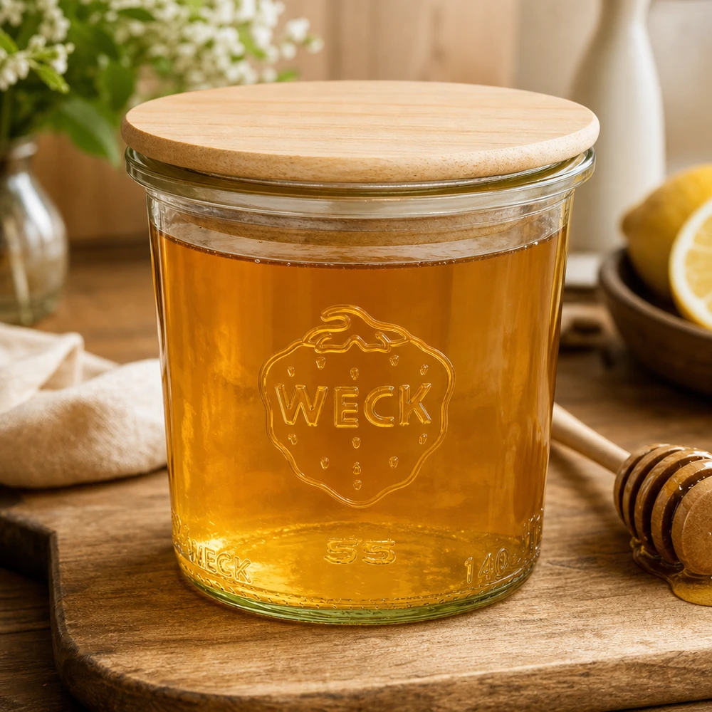 El tarro RR60 WECK de 140 ml lleno de miel y tapa de madera demuestra su versatilidad para untar dulces