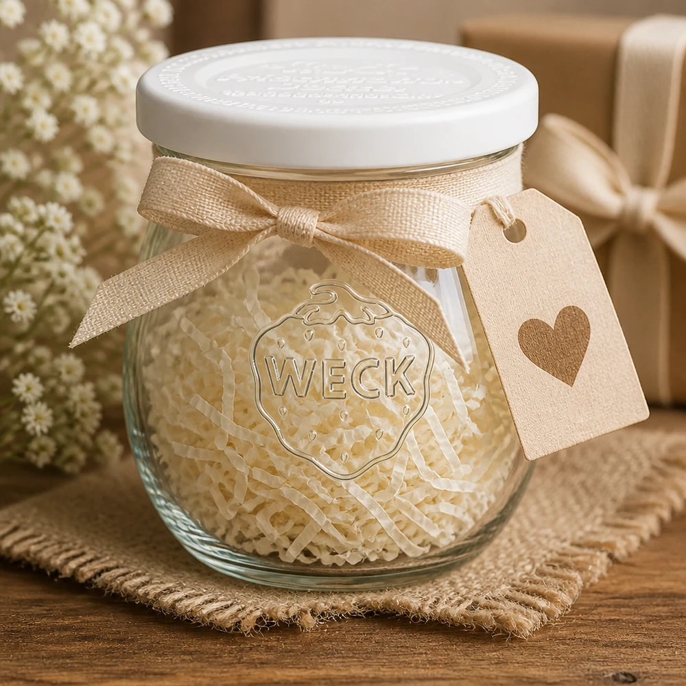 Tarro de tulipa de 220 ml con tapa hermética WECK RR60 WECK tarro tulipán 220ml RR60 decorativo con cinta y colgante corazón - idea regalo tarro rústico para conservas