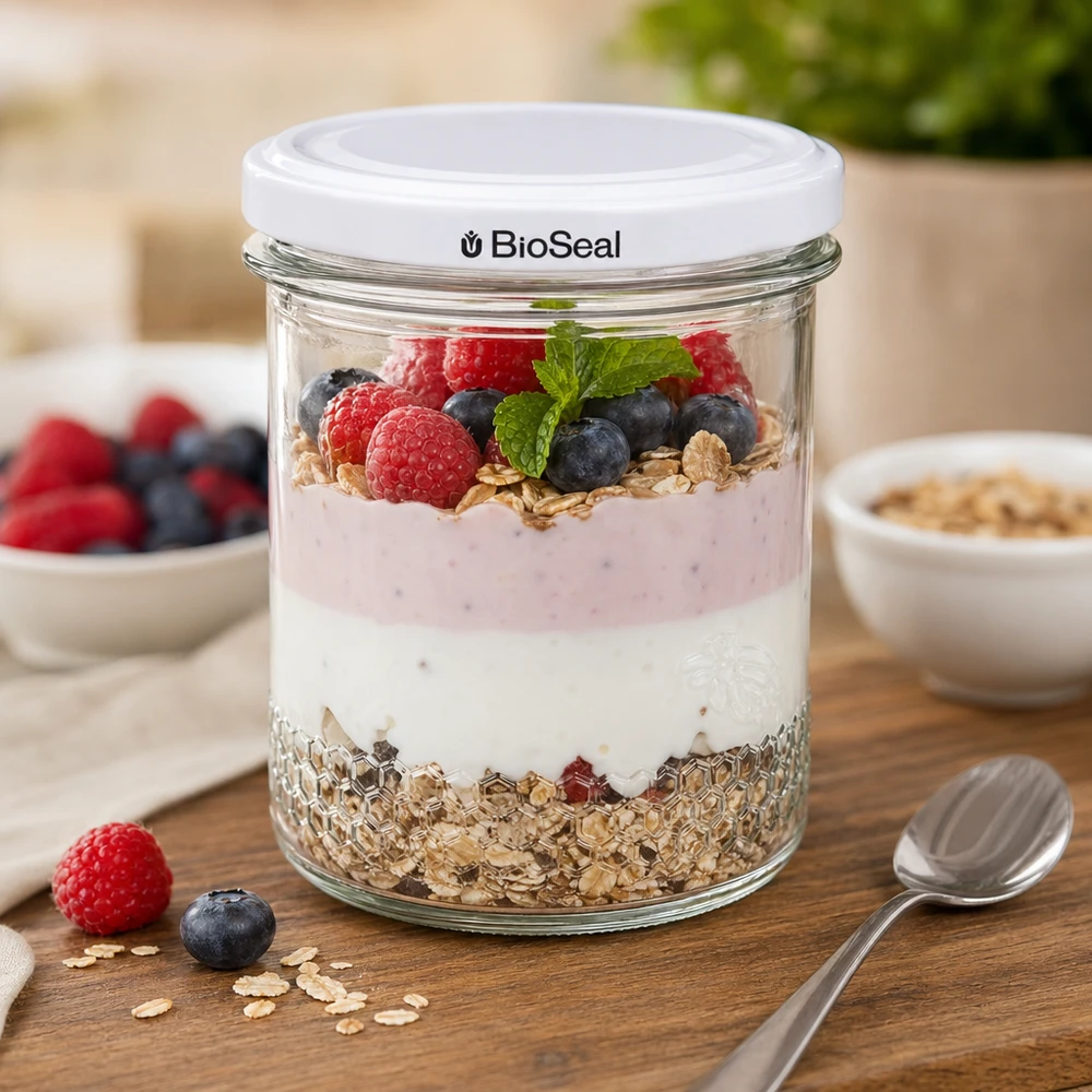 El tarro de miel BioSeal de 400 ml como bol de cereales con yogur, bayas y granola demuestra la versatilidad de su uso en la cocina