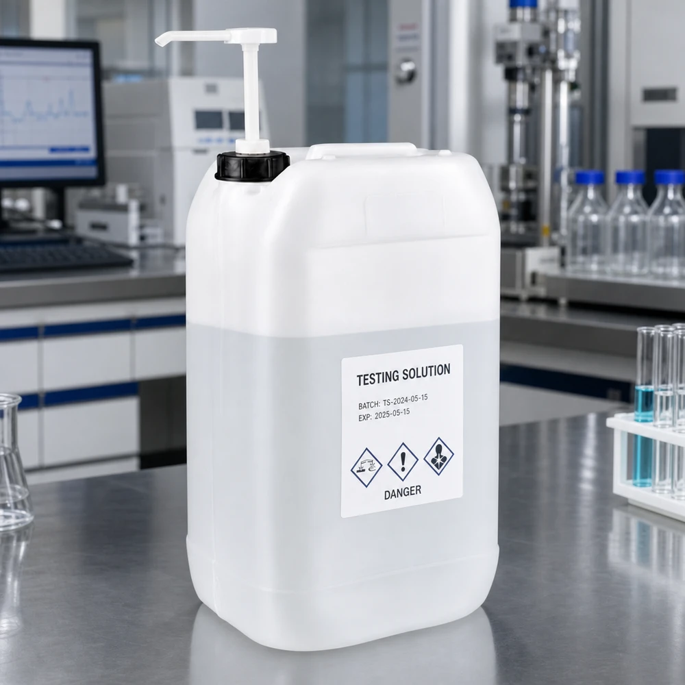 Bidón 15 litros con bomba dosificadora Bidón de laboratorio de 15 litros con bomba dosificadora y símbolos de peligro del SGA para productos químicos