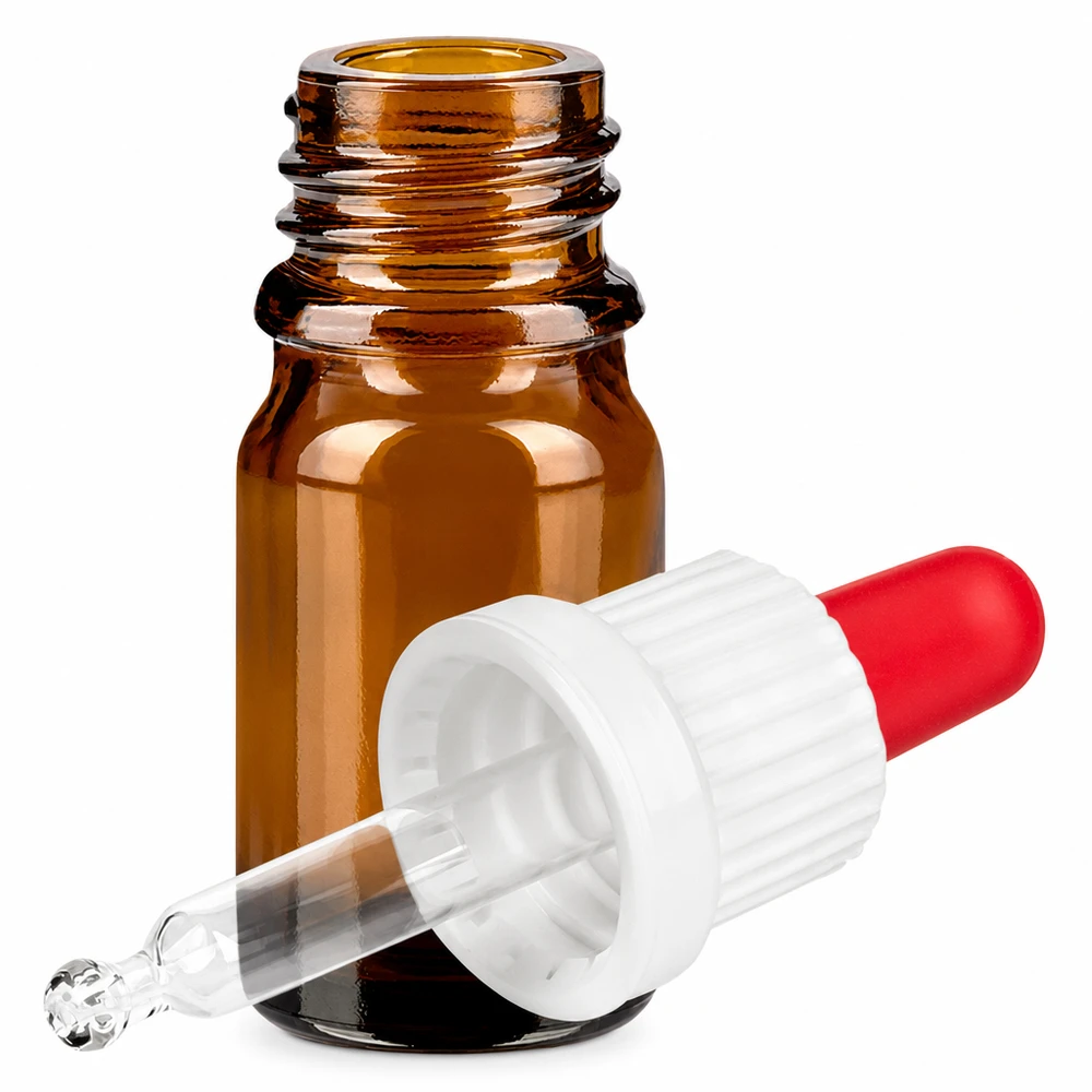 Frasco pipeta 5ml blanco/rojo cierre inviolable BrownLine UT18/5 Frasco de vidrio marrón de 5 ml con tapón de pipeta OV BrownLine UT18/5 para una dosificación precisa de líquidos