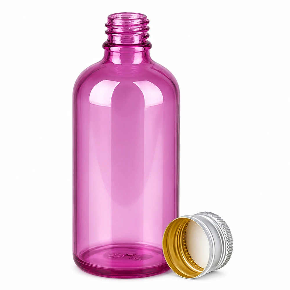 Frasco de cristal morado de 100 ml con tapón de rosca plateado para aceites esenciales y sueros