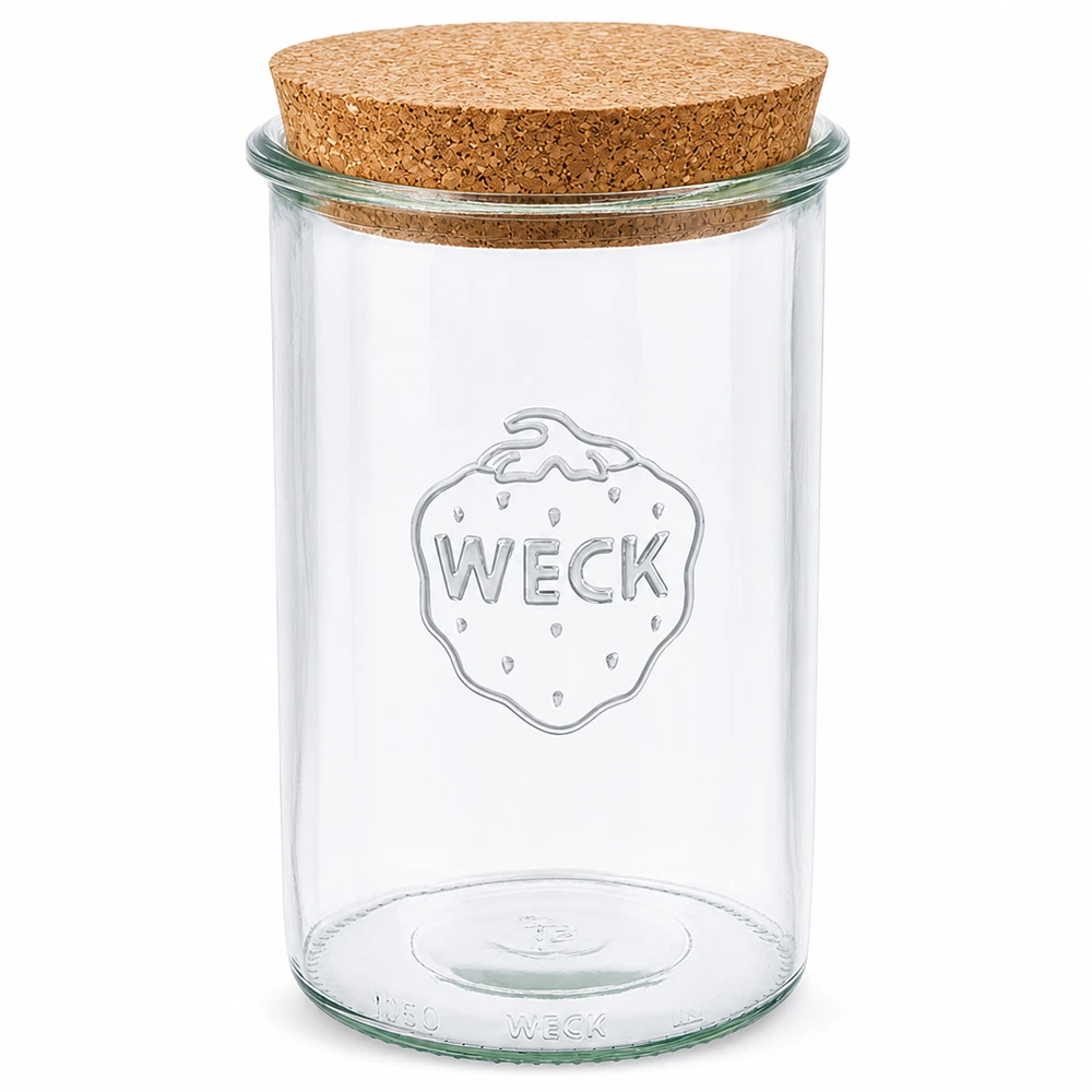 Vasos de 1000ml WECK RR100 con corcho natural Tarro volteable WECK RR100 de 1000ml con tapa de corcho natural tarro de conserva transparente tarro de almacenaje con logotipo WECK