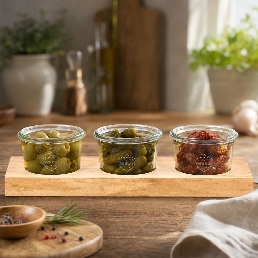 Elegante tabla de servir de madera con 3 tarros Weck llenos de aceitunas y tomates secos en una cocina moderna