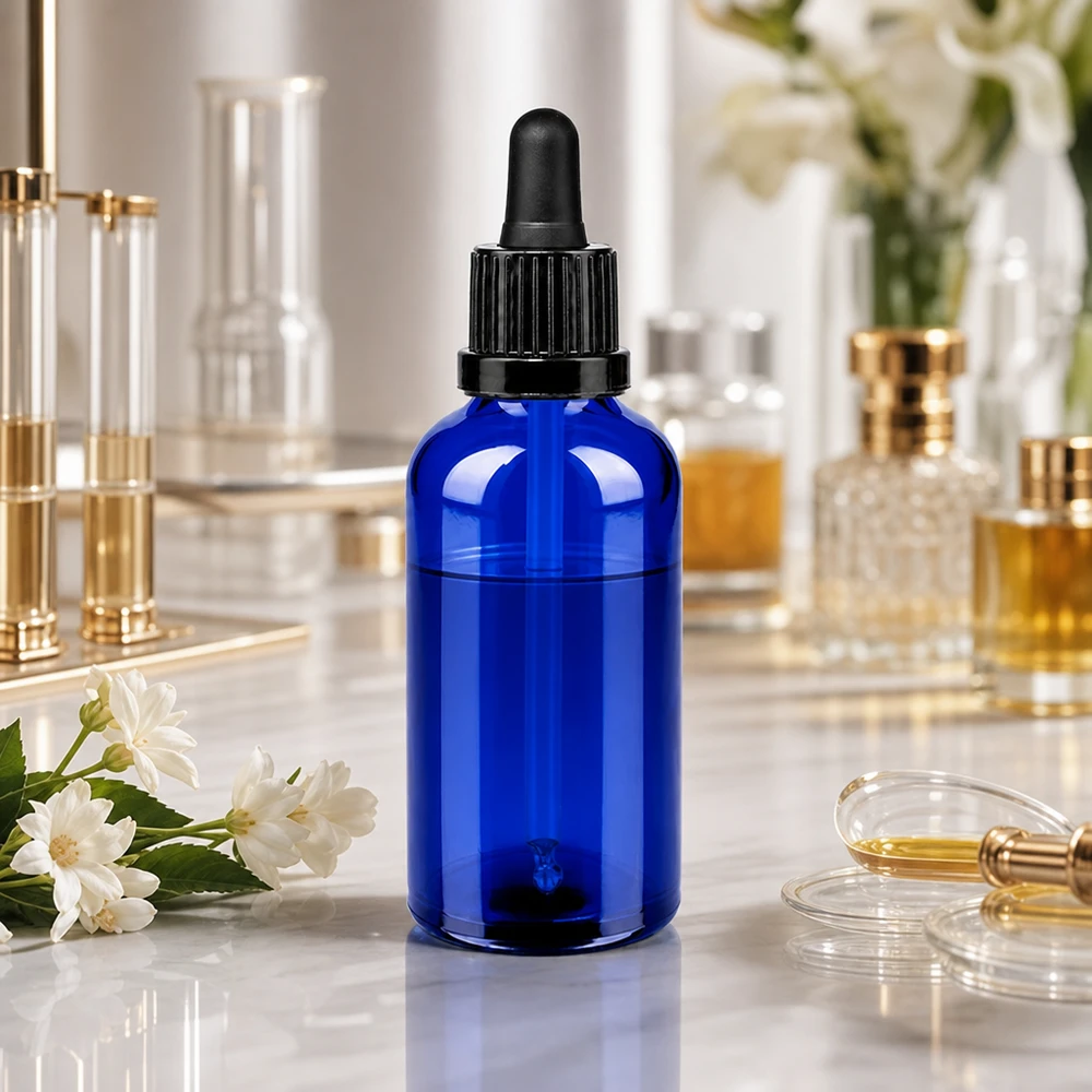 Frasco de vidrio de 50 ml de alta calidad con protección UV gracias al color azul y al preciso tapón cuentagotas