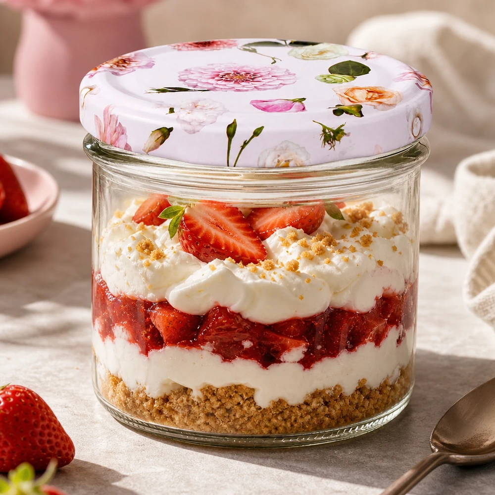 Vasos de 225ml + tapa BasicSeal flor rosa UNiTWIST Postre de tarta de queso y fresas en vasos de 225 ml con tapa BasicSeal de flores rosas - perfecto para postres en capas