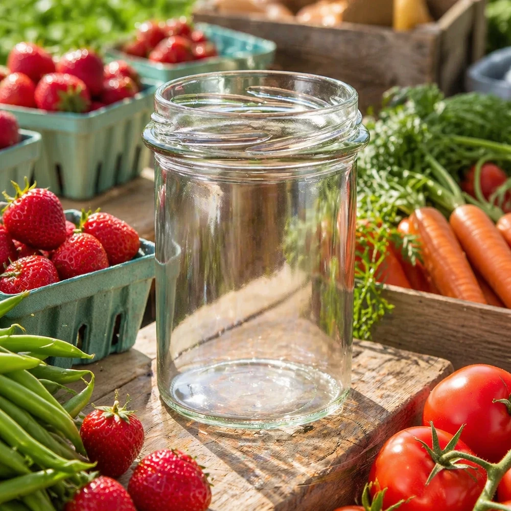 UNiTWIST Sturz230 vasos 230ml TO66 tarro de conserva vacío sobre tabla de madera rodeado de fresas frescas tomates zanahorias