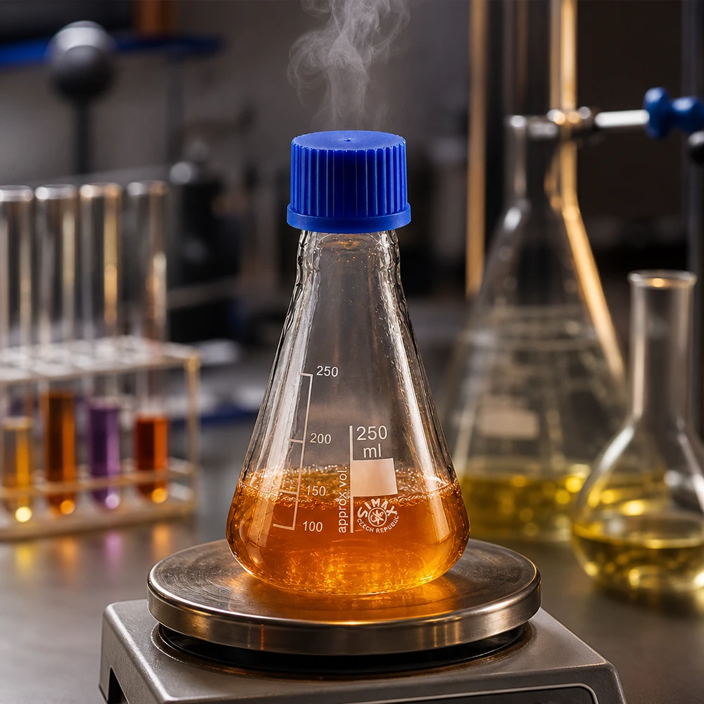 Matraz Erlenmeyer de 250 ml con contenido naranja sobre placa calefactora en el laboratorio
