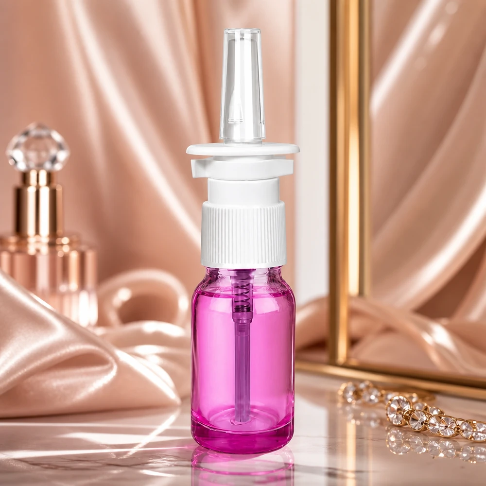 Frasco pulverizador nasal de 10 ml blanco/transparente estándar PurpleLine. UT18/10 Frasco de spray nasal premium de 10 ml con bomba blanca en elegante diseño de cristal morado para terapia