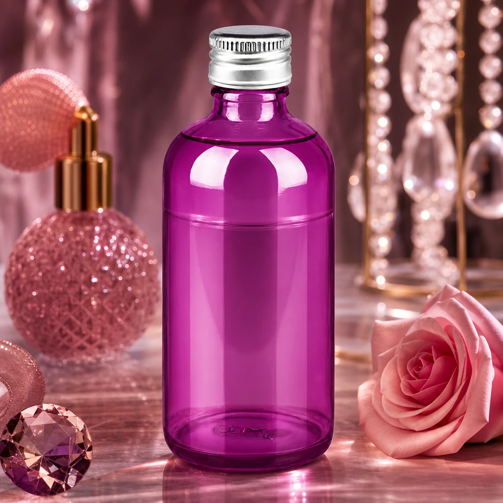 Botella de 100 ml. Tapón de rosca de 11 mm aluminio-plata estándar PurpleLine. UT18/100 Elegante frasco de vidrio violeta de 100 ml con rosca estándar de 11 mm para el envasado de cosméticos profesionales
