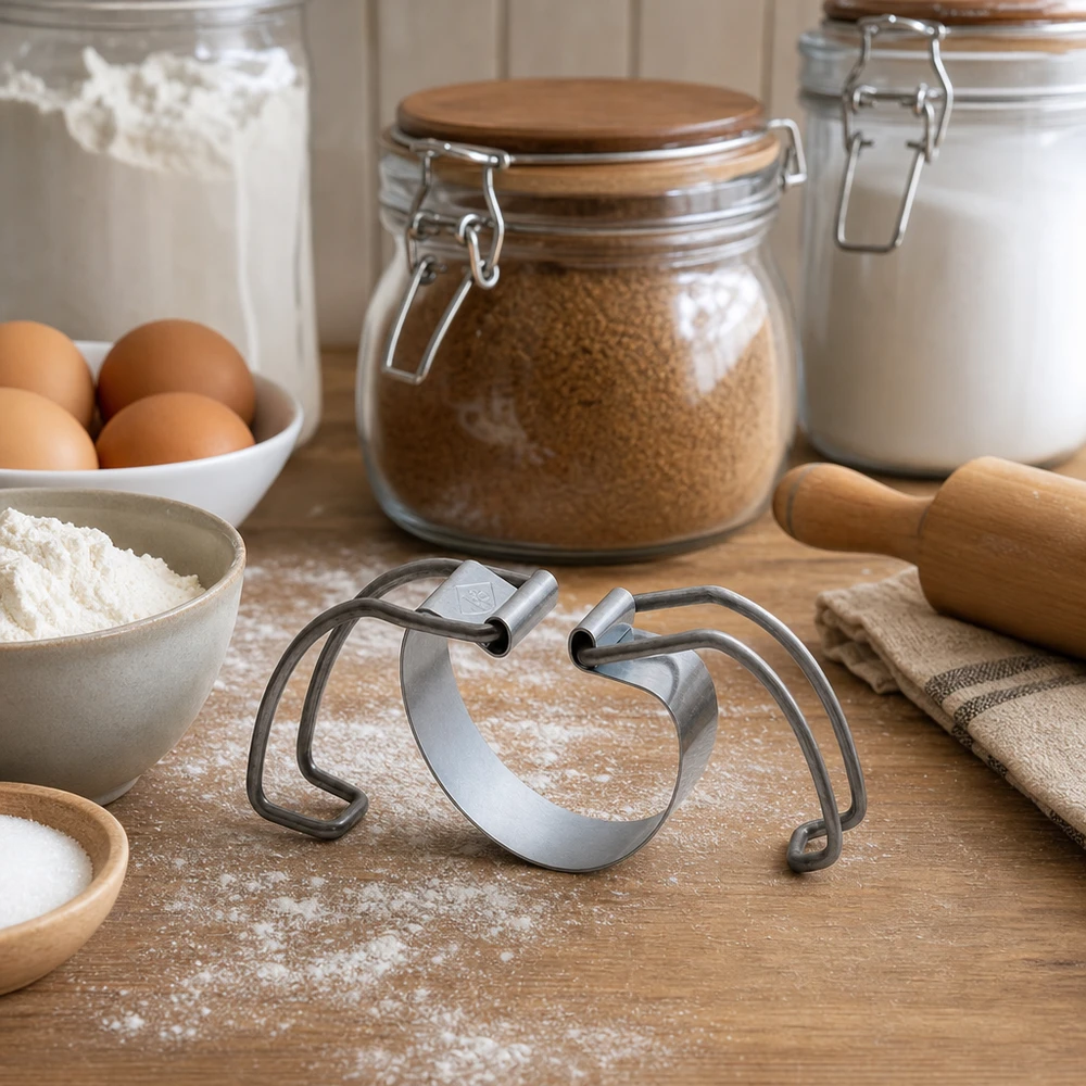 Estantería de conservación RR100 en un entorno de cocina con ingredientes de repostería, harina, huevos y tarros de conservación sobre una encimera de madera.