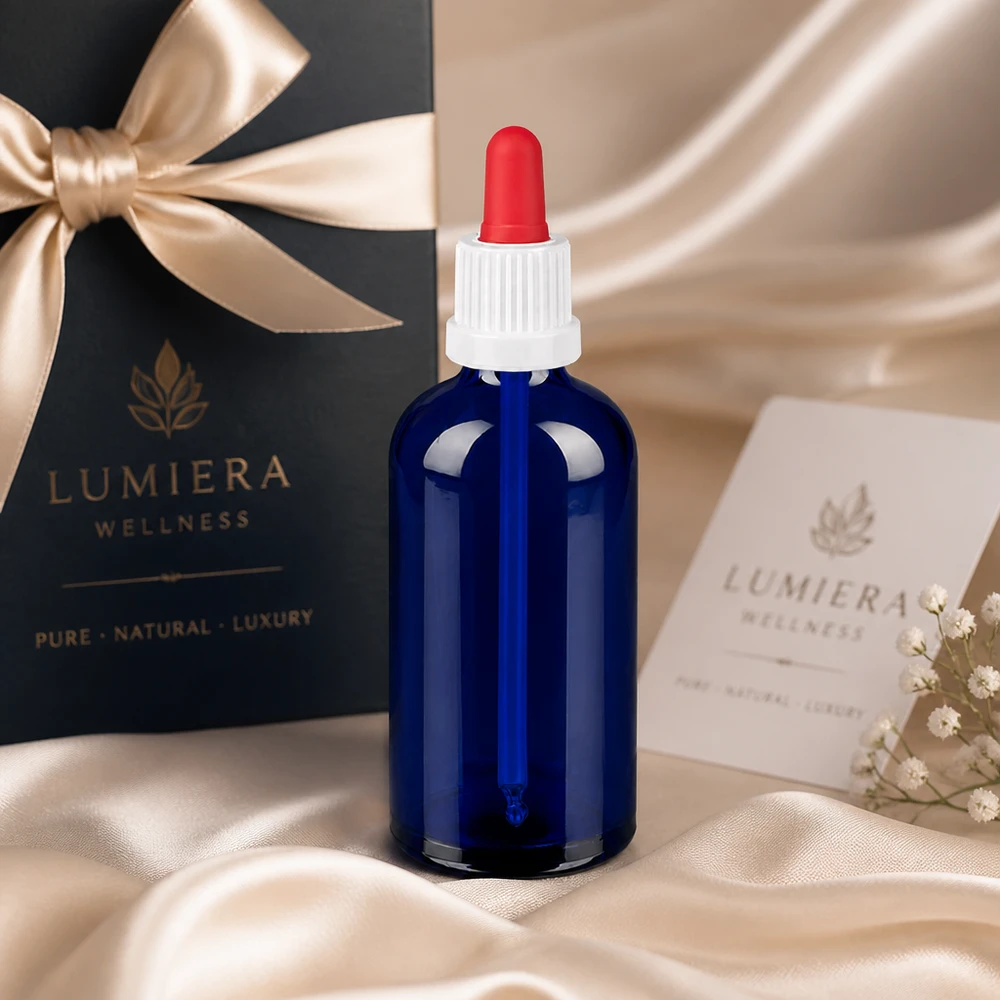 Elegante frasco cuentagotas de 100 ml de vidrio azul, ideal para cosméticos y aceites esenciales