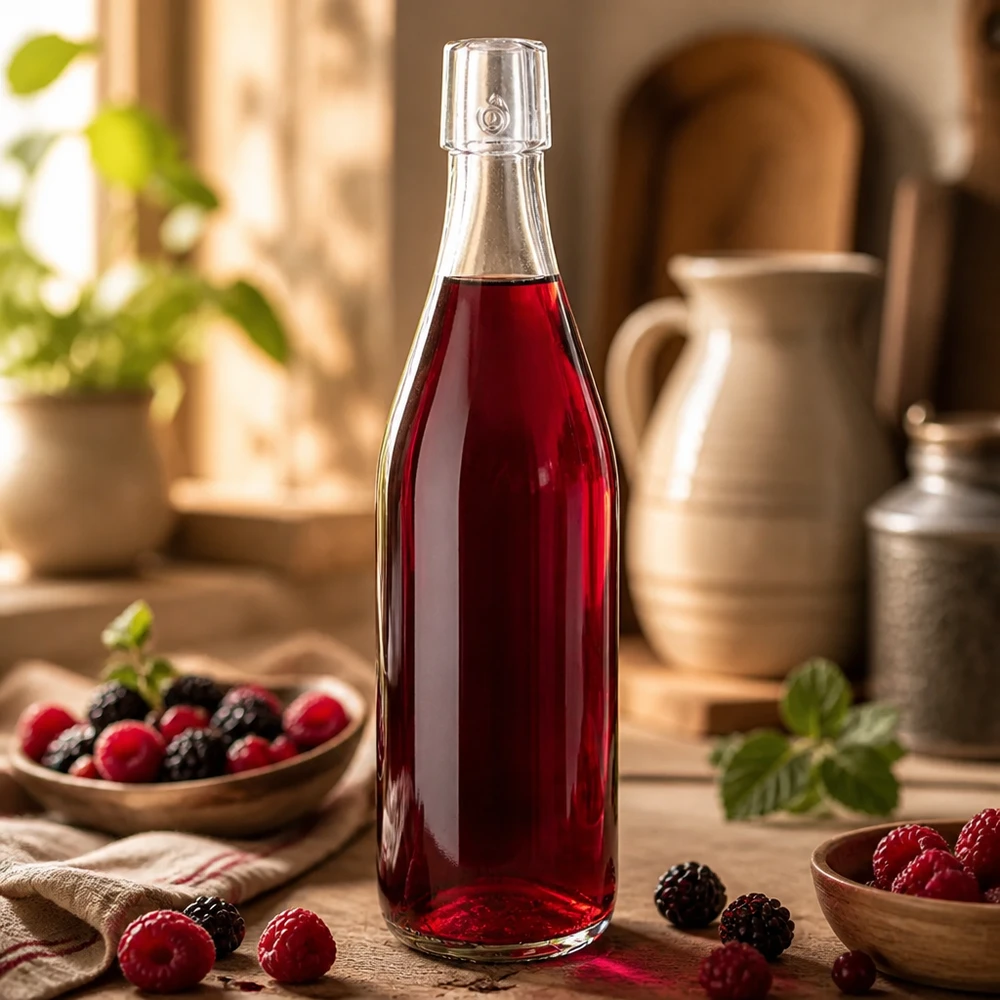 Botella de cristal UNiTWIST de 500 ml llena de zumo de bayas rojas como aplicación de estilo de vida en una cocina rústica