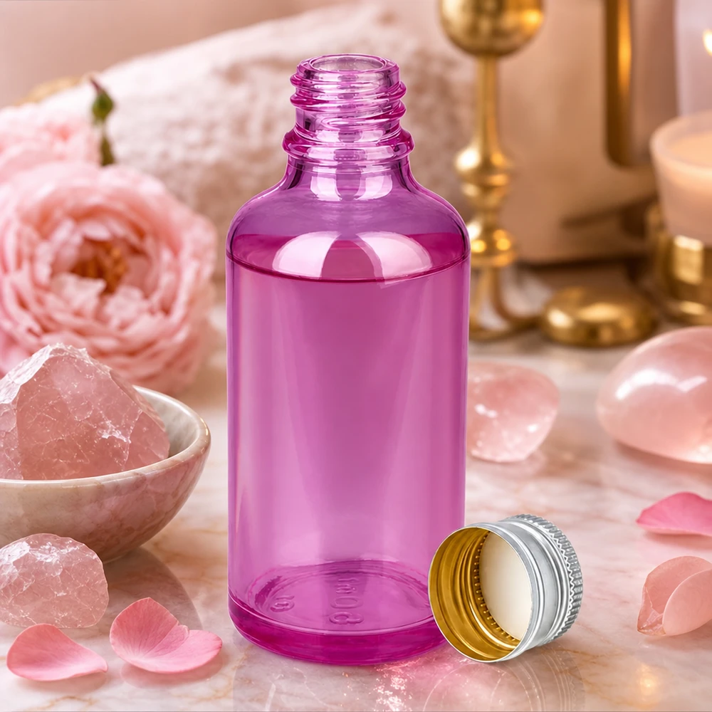 Botella de 50 ml de vidrio violeta de alta calidad con un elegante tapón de rosca de aluminio y plata para productos de primera calidad