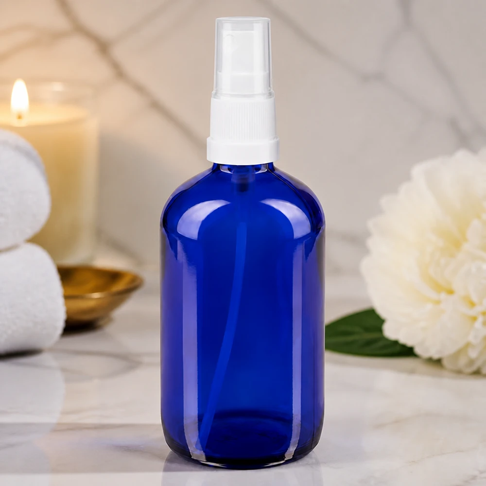 Botella de farmacia azul 100ml tapón de rosca blanco Frasco pulverizador azul de 100 ml, tipo farmacia, fabricado en vidrio de alta calidad con pulverizador transparente