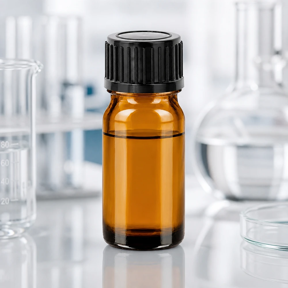 Frasco de vidrio compacto de 5 ml en marrón con tapón negro para dosificar con precisión pequeñas cantidades