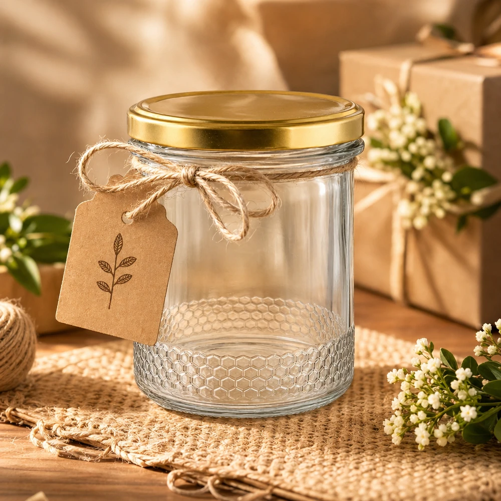 Tarro de miel de 400 ml con tapa BasicSeal dorada UNiTWIST y etiqueta de regalo sobre una mesa de madera rústica con decoración de yute