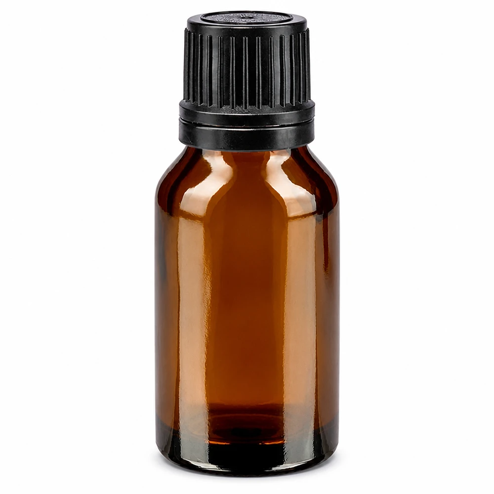 Frasco de farmacia marrón de 15 ml con tapón de rosca negro y anillo vertedor de vidrio marrón