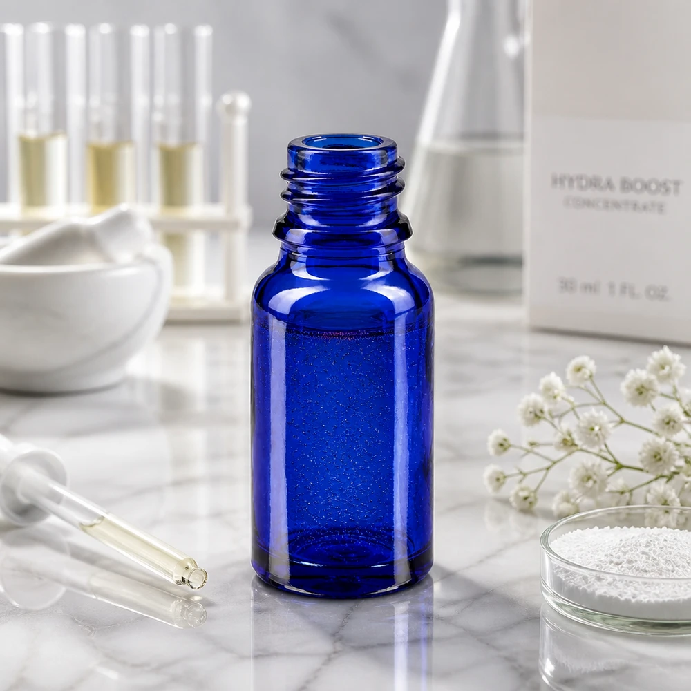 Frasco cuentagotas 10ml DIN 18 VIDRIO AZUL Frasco de farmacia compacto azul ApoGlas 10ml con práctico tapón cuentagotas para cosméticos