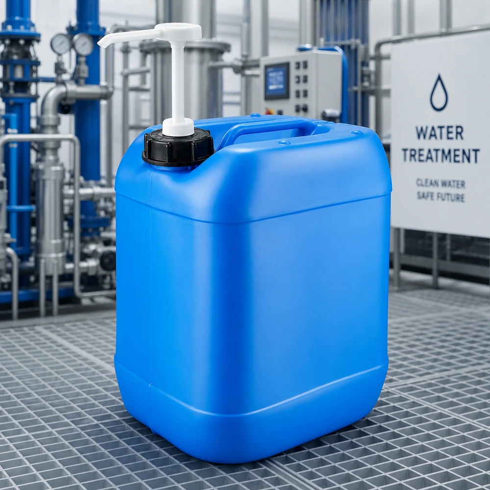 Bidón azul de 20 litros con bomba dosificadora en una planta de tratamiento de agua