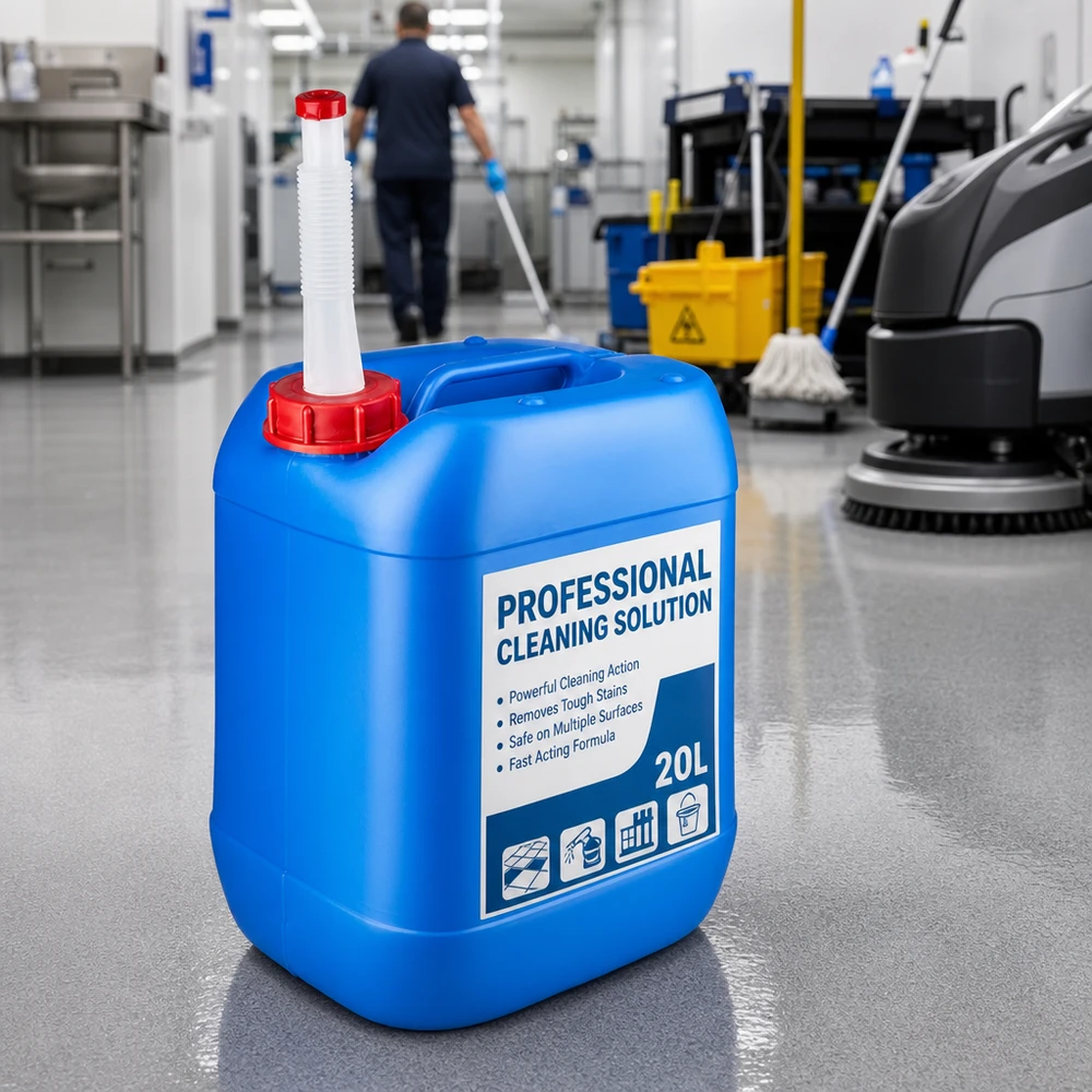 Bidón 20 litros azul con tubo de salida Flex Bidón azul de 20 litros con tubo de salida flexible para productos de limpieza profesionales en envases a granel
