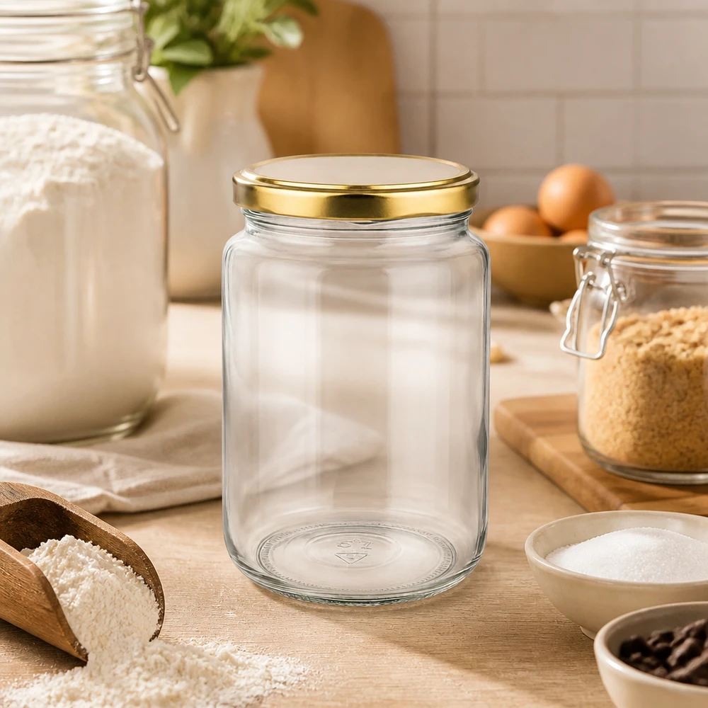 Tarro redondo vacío de 795 ml con tapa dorada BasicSeal en ambiente de cocina con harina e ingredientes para hornear sobre tabla de madera.