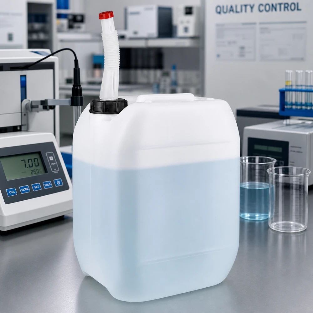 Un bidón de 10 litros medio lleno con un tubo de salida flexible, junto a un medidor de pH y vasos de precipitados en el laboratorio