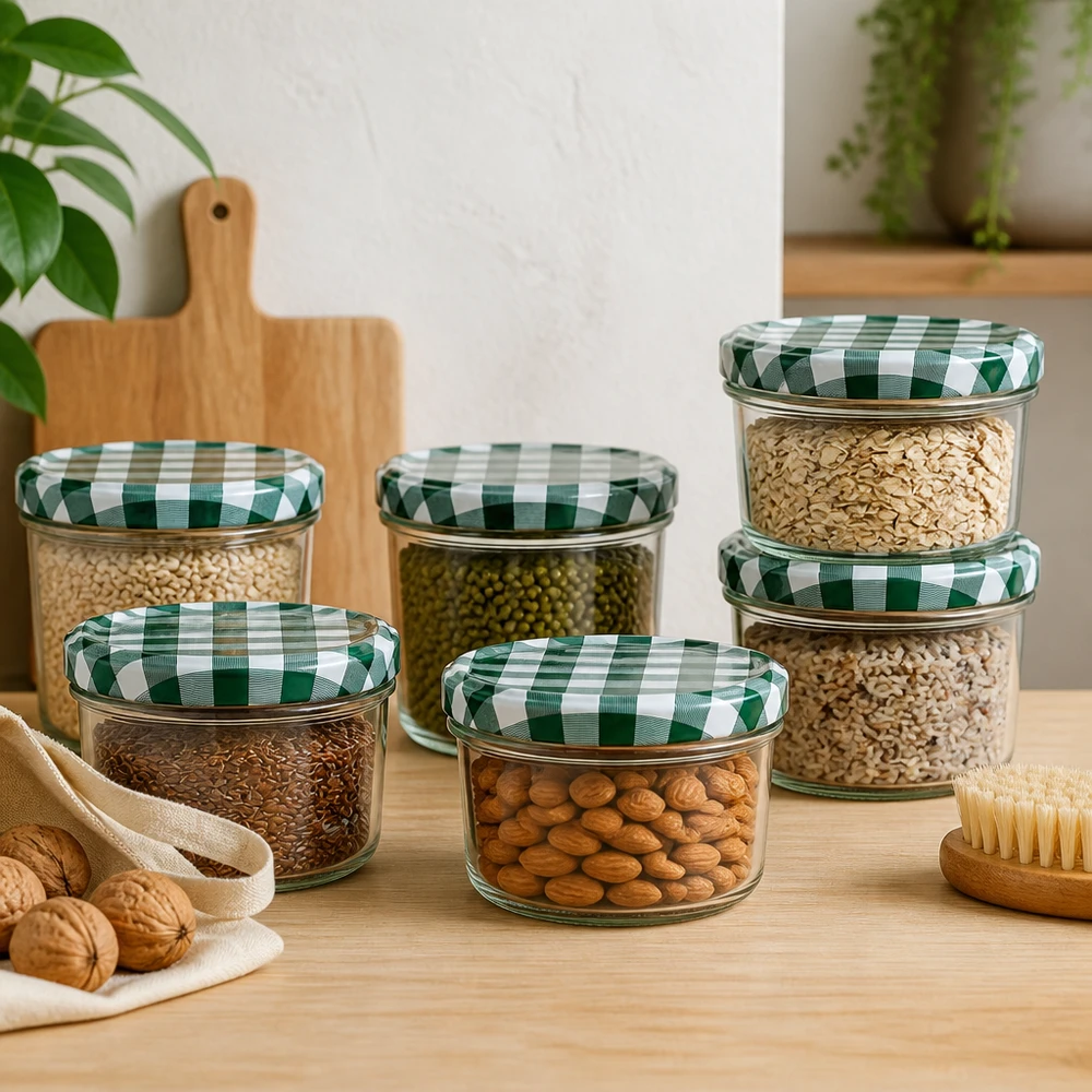 Juego de tarros de almacenaje 230ml varios tamaños llenos de frutos secos cereales tapa a cuadros verde-blanco almacenaje