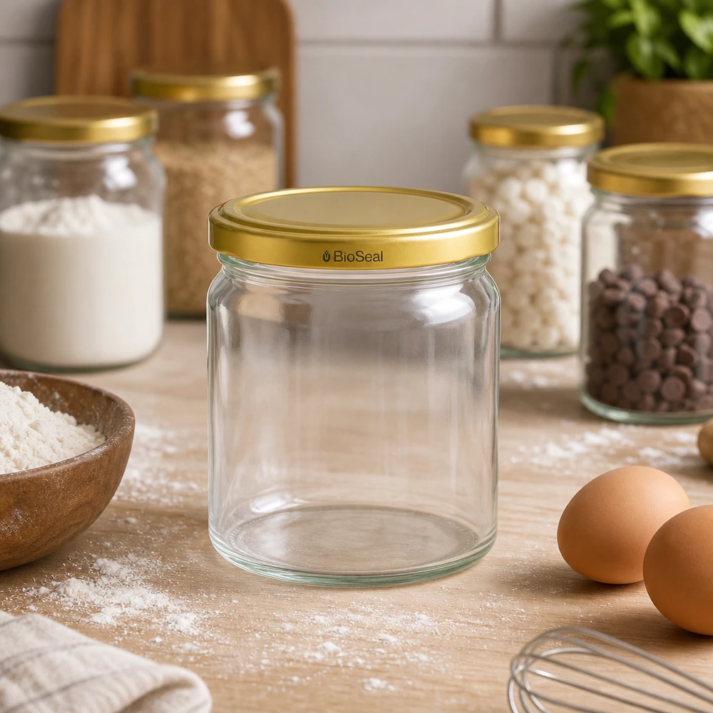 Tarro redondo de 408ml con tapa dorada UNiTWIST BioSeal UNiTWIST Runda408 tarro vacío con tapa dorada TO82 BioSeal en cocina con ingredientes para hornear harina huevos y tarros de almacenamiento