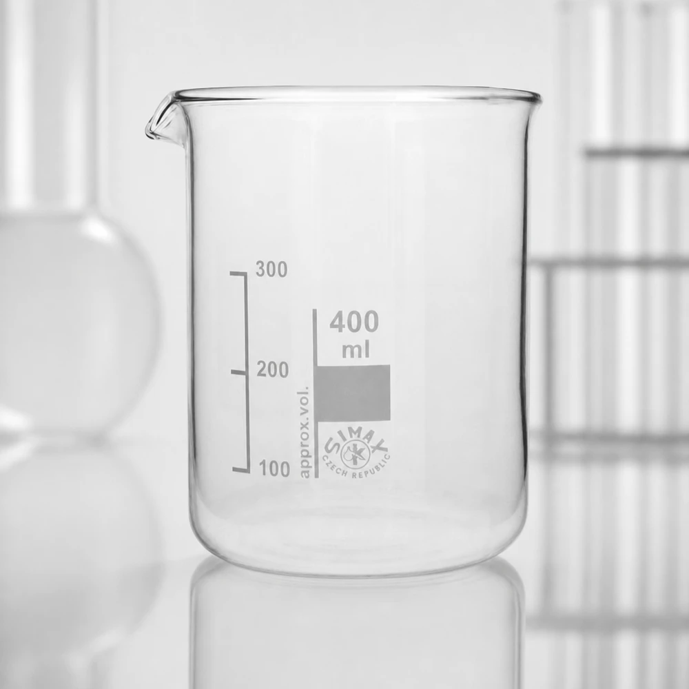 Vaso de laboratorio de 400 ml, forma baja con práctico pico para una dosificación precisa
