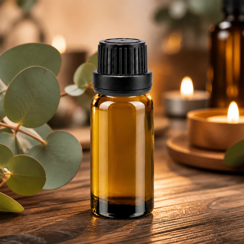 Pequeña botella de cristal marrón de 10 ml con tapón de rosca negro y gotero para aceites esenciales