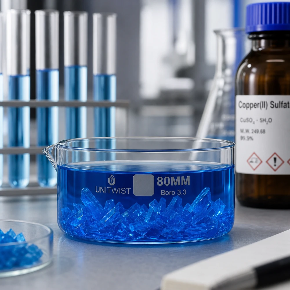 Cristales azules de sulfato de cobre en una bandeja de cristalización UNiTWIST de 80 mm, de vidrio borosilicato, para laboratorio