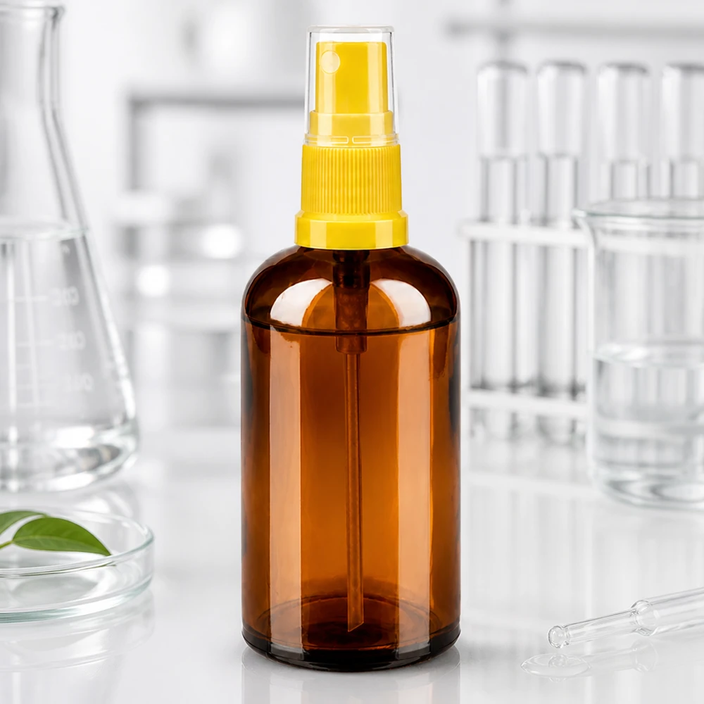 Frasco pulverizador de 100 ml amarillo/transparente con tapón estándar BrownLine UT18/100 Frasco pulverizador de 100 ml de alta calidad fabricado en vidrio ámbar con protección UV y sistema de pulverización preciso