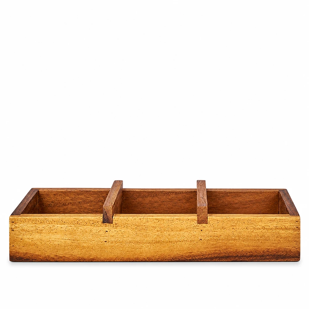 Bandeja Box3 de madera de acacia con tres compartimentos para vasos WECK marrón madera natural rectangular con asas